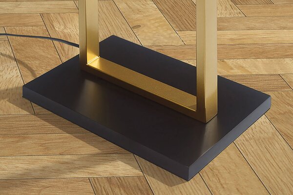 Moderní glamour stojací lampa Ambient se zlatým kovovým rámem s černým textilním stínítkem a obdélníkovým podstavcem 160 cm
