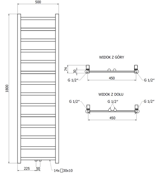 Mexen Bolt, topné těleso 1800 x 500 mm, 460 W, spodní a středové, černá, W126-1800-500-00-70