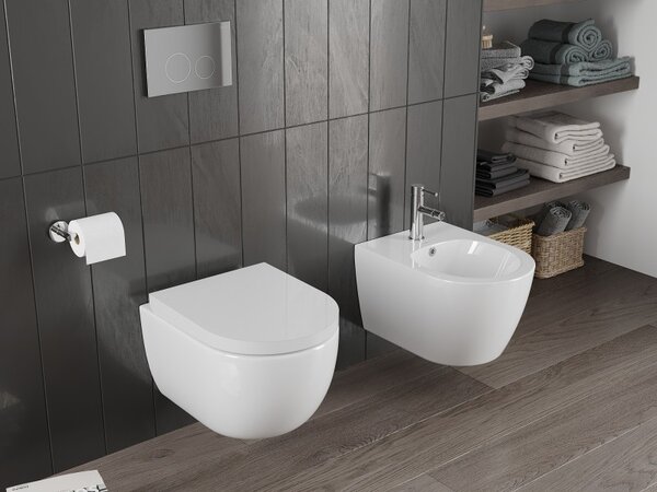Mexen Carmen, závěsná WC mísa 490x365x340 mm, Rimless Tornádo + WC sedátko z duroplastu, bílá lesklá, 30880200T
