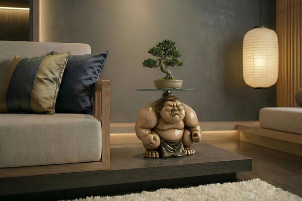 Designový kulatý příruční stolek Pop Atelier v béžovém odstínu sumo postavy s deskou z bezpečnostního skla 32 cm
