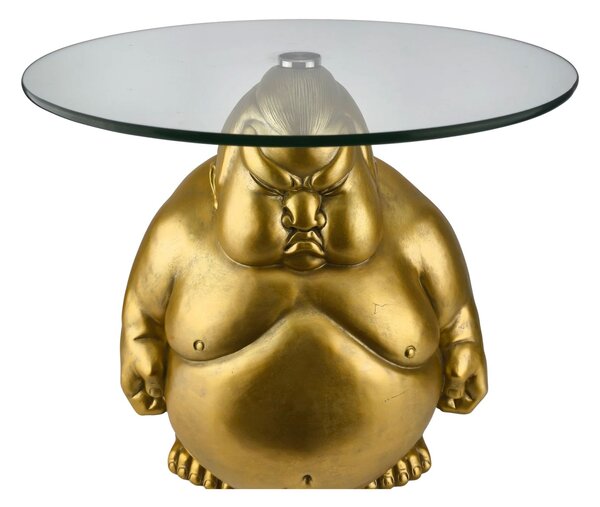 Stylový glamour příruční stolek Pop Atelier se zlatou sumo postavou a kulatou transparentní skleněnou deskou 55 cm