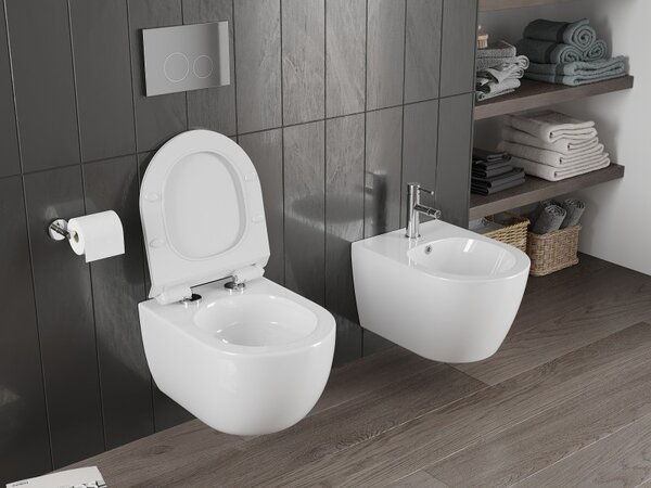 Mexen Carmen, závěsná WC mísa 490x365x340 mm, Rimless Tornádo + WC sedátko z duroplastu, bílá lesklá, 30880100T