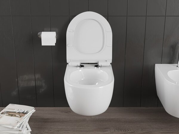 Mexen Carmen, závěsná WC mísa 490x365x340 mm, Rimless Tornádo + WC sedátko z duroplastu, bílá lesklá, 30880100T