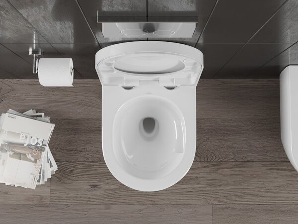 Mexen Carmen, závěsná WC mísa 490x365x340 mm, Rimless Tornádo + WC sedátko z duroplastu, bílá lesklá, 30880200T