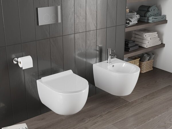 Mexen Carmen, závěsná WC mísa 490x365x340 mm, Rimless Tornádo + WC sedátko z duroplastu, bílá lesklá, 30880100T