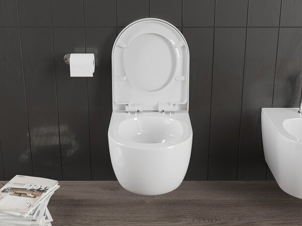 Mexen Carmen, závěsná WC mísa 490x365x340 mm, Rimless Tornádo + WC sedátko z duroplastu, bílá lesklá, 30880200T