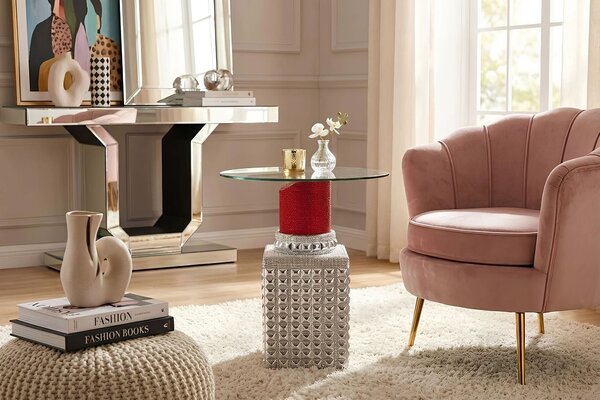 Glamour stříbrný příruční stolek Pop Atelier ve tvaru červené rtěnky s dekorativními kamínky s kulatou deskou ze skla 60 cm