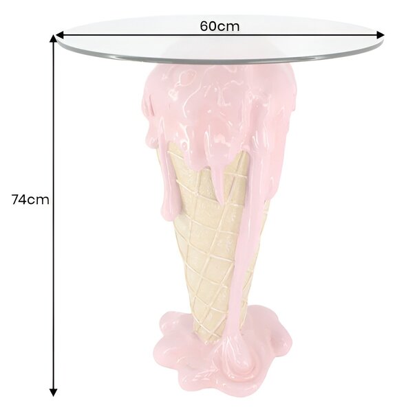 Moderní kulatý růžovo-béžový příruční stolek Pop Atelier ve tvaru kornoutu se stékající zmrzlinou a skleněnou deskou 74 cm