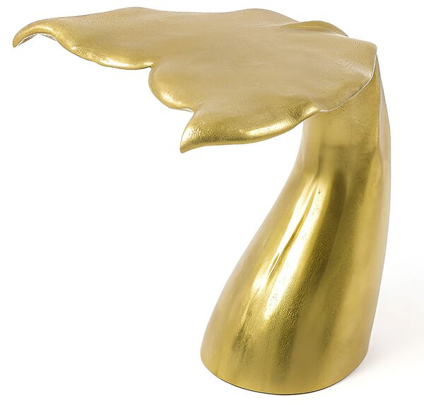 Moderní glamour kovový příruční stolek Whale v atypickém tvaru rybí ploutve zlaté barvy 57 cm