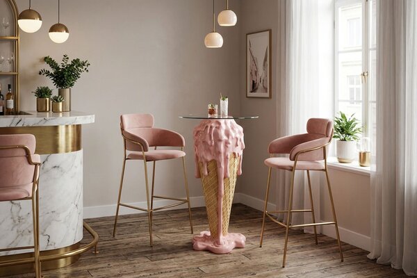 Moderní kulatý růžovo-béžový barový stolek Pop Atelier ve tvaru kornoutu se stékající zmrzlinou a skleněnou deskou 107 cm