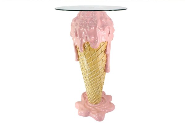 Moderní kulatý růžovo-béžový barový stolek Pop Atelier ve tvaru kornoutu se stékající zmrzlinou a skleněnou deskou 107 cm