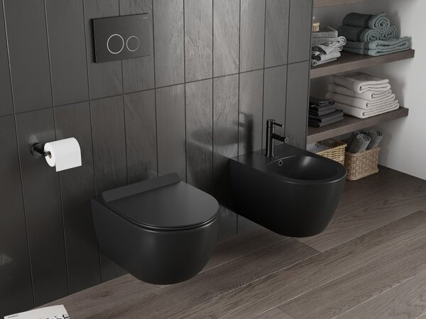 Mexen Carmen, závěsná WC mísa 490x365x340 mm, Rimless Tornádo + WC sedátko z duroplastu, černá matná, 30880185T