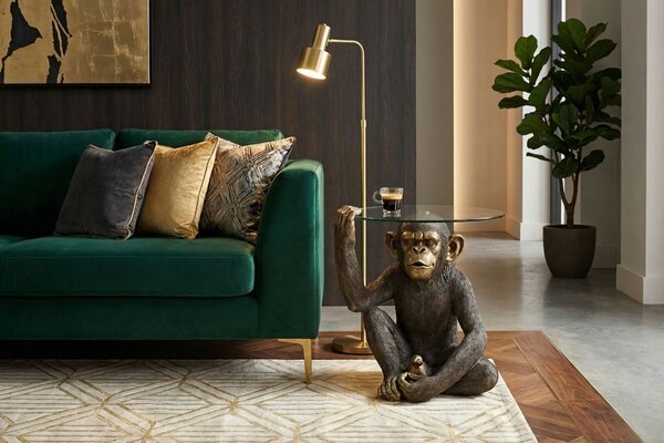Designový kulatý hnědo zlatý příruční stolek Tierra Glam ve tvaru sedící opice s vrchní deskou z bezpečnostního skla 64 cm