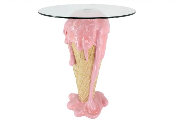 Moderní kulatý růžovo-béžový příruční stolek Pop Atelier ve tvaru kornoutu se stékající zmrzlinou a skleněnou deskou 74 cm