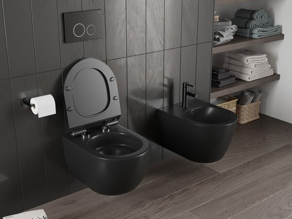 Mexen Carmen, závěsná WC mísa 490x365x340 mm, Rimless Tornádo + WC sedátko z duroplastu, černá matná, 30880185T