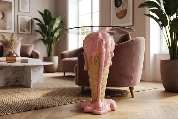 Moderní kulatý růžovo-béžový příruční stolek Pop Atelier ve tvaru kornoutu se stékající zmrzlinou a skleněnou deskou 74 cm