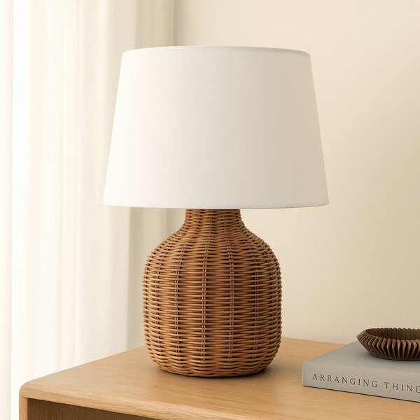Lindby Stolní lampa Lirenda, výška 52 cm, ratan, přírodní/bílá, Bílá / opál, Obývací pokoj / jídelna, Dřevo, Skandinávský
