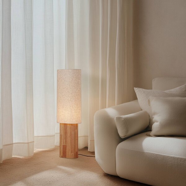 Lindby stojací lampa Kimiko, výška 100 cm, dřevo, textil, E27, Světlé dřevo, Obývací pokoj / jídelna, Dřevo, Skandinávský