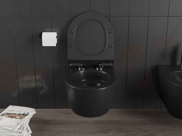 Mexen Carmen, závěsná WC mísa 490x365x340 mm, Rimless Tornádo + WC sedátko z duroplastu, černá matná, 30880185T