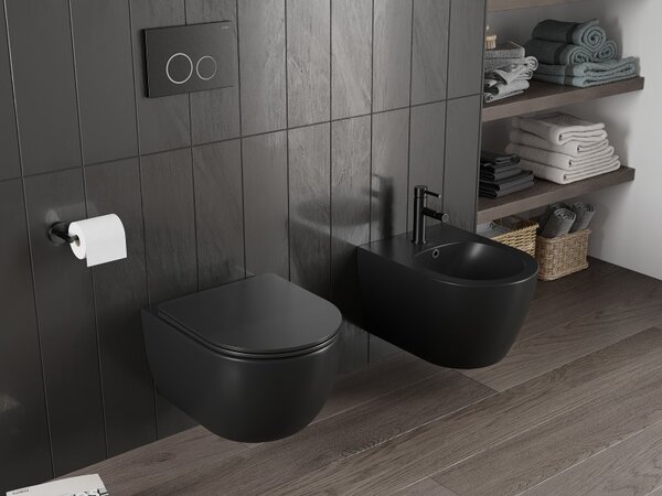 Mexen Carmen, závěsná WC mísa 490x365x340 mm, Rimless Tornádo, černá matná, 3388XX85T