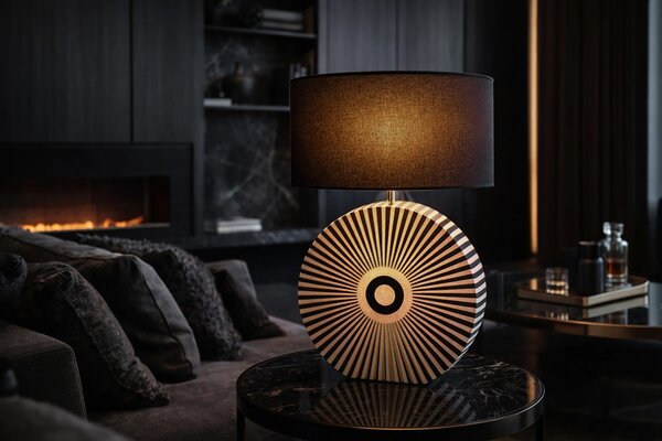 Designová art deco stolní lampa Celia s podstavou s intarzií se vzorem paprsků v černé a bílé barvě 62 cm