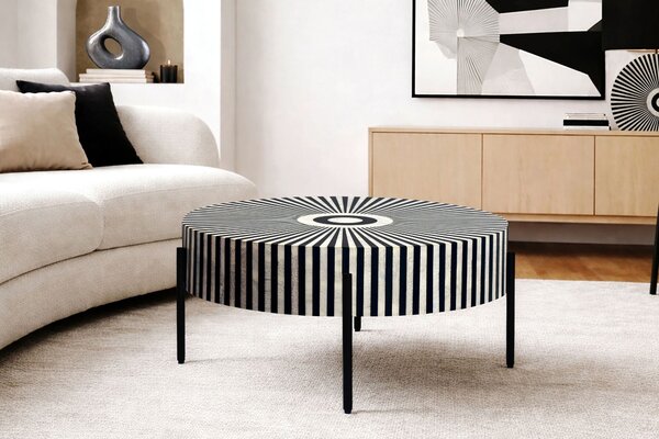 Designový art deco kulatý konferenční stolek Celia s intarzií se vzorem slunečních paprsků v černé a bílé barvě 64 cm