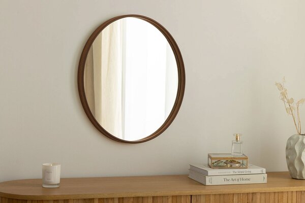Designové moderní kulaté nástěnné zrcadlo Auri s dřevěným rámem v ořechovém hnědém provedení 70 cm