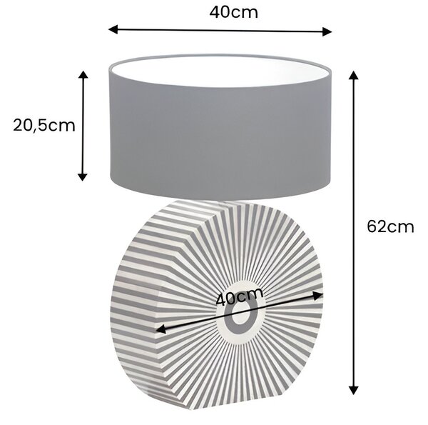 Designová art deco stolní lampa Celia s podstavou s intarzií se vzorem paprsků v černé a bílé barvě 62 cm