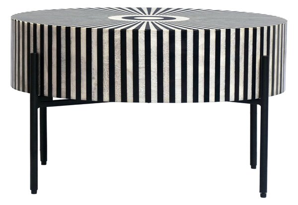 Designový art deco kulatý konferenční stolek Celia s intarzií se vzorem slunečních paprsků v černé a bílé barvě 64 cm