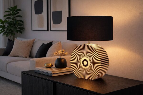 Designová art deco stolní lampa Celia s podstavou s intarzií se vzorem paprsků v černé a bílé barvě 62 cm