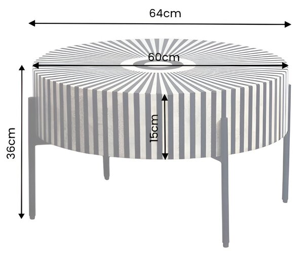 Designový art deco kulatý konferenční stolek Celia s intarzií se vzorem slunečních paprsků v černé a bílé barvě 64 cm