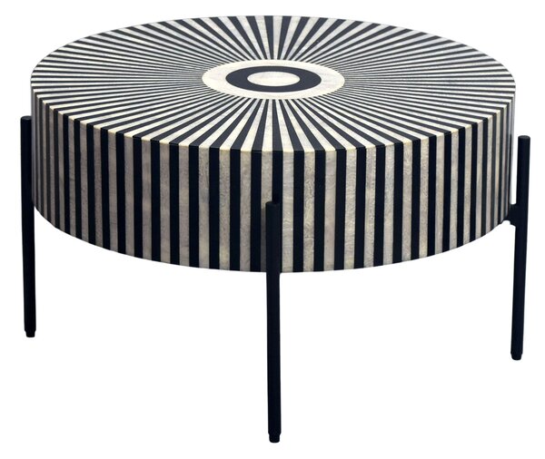 Designový art deco kulatý konferenční stolek Celia s intarzií se vzorem slunečních paprsků v černé a bílé barvě 64 cm