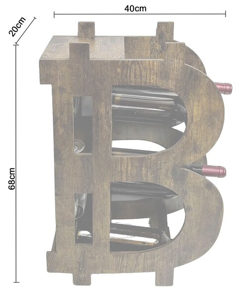 Moderní masivní vinotéka Richie s designem symbolu bitcoinu v naturální hnědé barvě na deset lahví a čtyři sklenice 68 cm