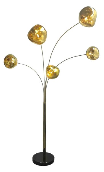 Moderní glamour stojací lampa Kalan se skleněnými designovými stínítky ve zlaté barvě s černou podstavou 202 cm