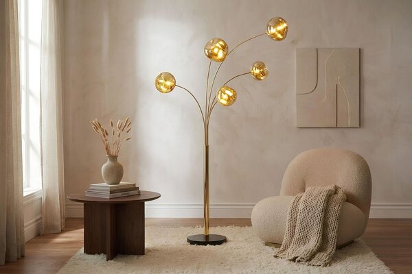 Moderní glamour stojací lampa Kalan se skleněnými designovými stínítky ve zlaté barvě s černou podstavou 202 cm