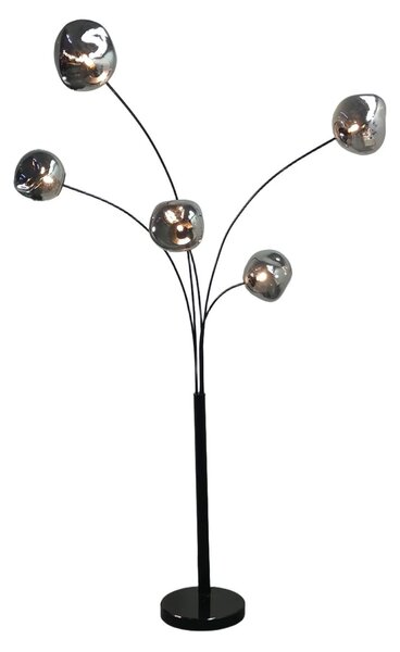 Moderní designová stojací lampa Kalan s pěti atypickými skleněnými stínítky v šedé a černé barvě 202 cm