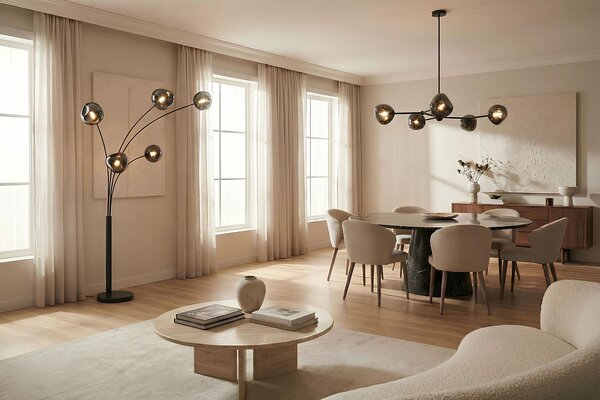 Moderní designová stojací lampa Kalan s pěti atypickými skleněnými stínítky v šedé a černé barvě 202 cm