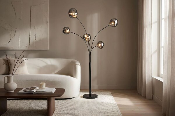 Moderní designová stojací lampa Kalan s pěti atypickými skleněnými stínítky v šedé a černé barvě 202 cm