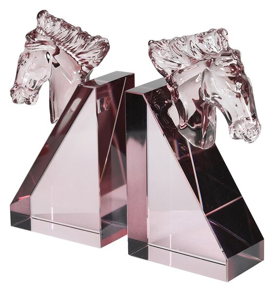 Designové zarážky na knihy Horse Crystal z růžového křišťálového skla s vymodelovanou hlavou koně a geometrickou podstavou 21 cm