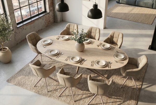 Moderní oválný béžový jídelní stůl Daron s keramickou deskou s travertinovým designem a zkříženýma nohama 220 cm