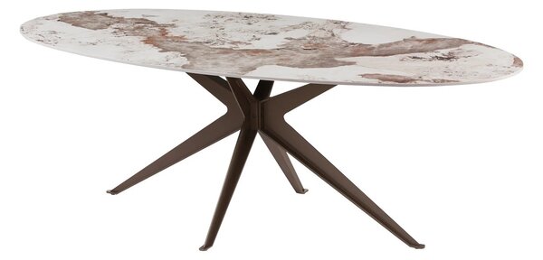 Art deco oválný jídelní stůl Daron s bílou keramickou deskou s hnědým mramorovým dekorem a bronzovou podstavou 220 cm