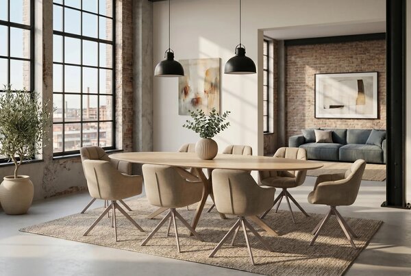 Moderní oválný béžový jídelní stůl Daron s keramickou deskou s travertinovým designem a zkříženýma nohama 220 cm