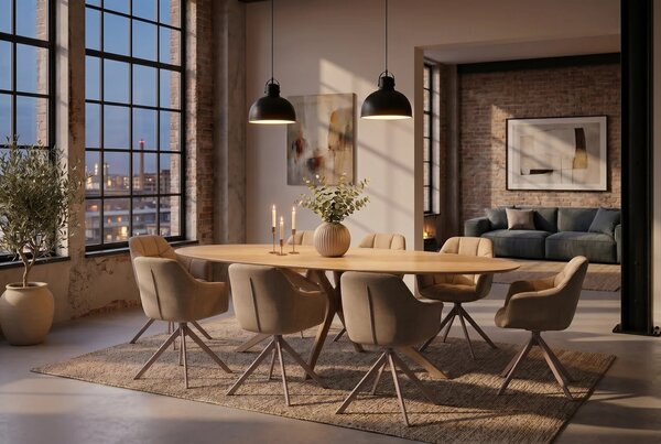 Moderní oválný béžový jídelní stůl Daron s keramickou deskou s travertinovým designem a zkříženýma nohama 220 cm