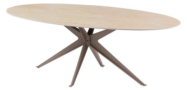 Moderní oválný béžový jídelní stůl Daron s keramickou deskou s travertinovým designem a zkříženýma nohama 220 cm