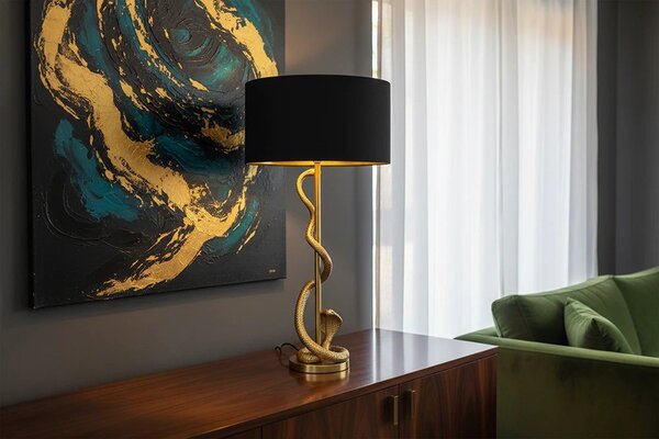 Designová glamour stolní lampa Tierra Glam se zlatou kovovou podstavou s figurou kobry a černým textilním stínítkem 110 cm