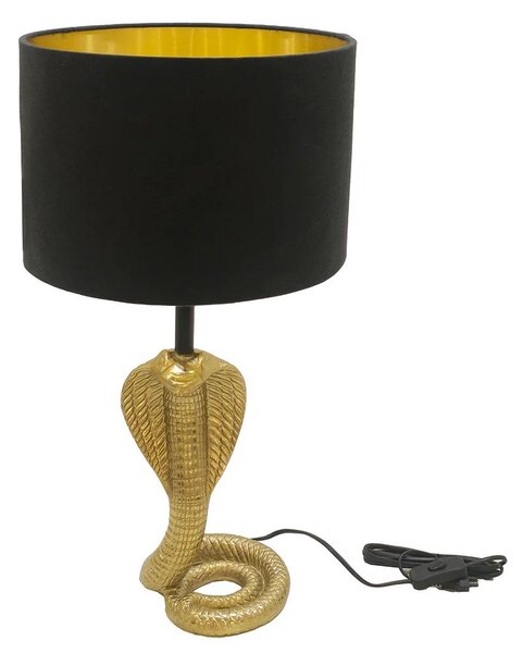 Designová glamour stolní lampa Tierra Glam se zlatou kovovou podstavou ve tvaru kobry s černým stínítkem 65 cm