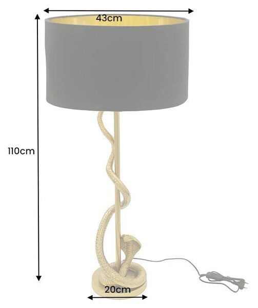 Designová glamour stolní lampa Tierra Glam se zlatou kovovou podstavou s figurou kobry a černým textilním stínítkem 110 cm