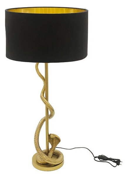 Designová glamour stolní lampa Tierra Glam se zlatou kovovou podstavou s figurou kobry a černým textilním stínítkem 110 cm