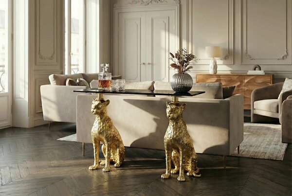 Designový glamour konzolový stolek Tierra Glam s černou mramorovou deskou a zlatou kovovou podstavou se dvěma pantry 116 cm