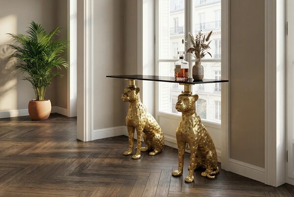 Designový glamour konzolový stolek Tierra Glam s černou mramorovou deskou a zlatou kovovou podstavou se dvěma pantry 116 cm